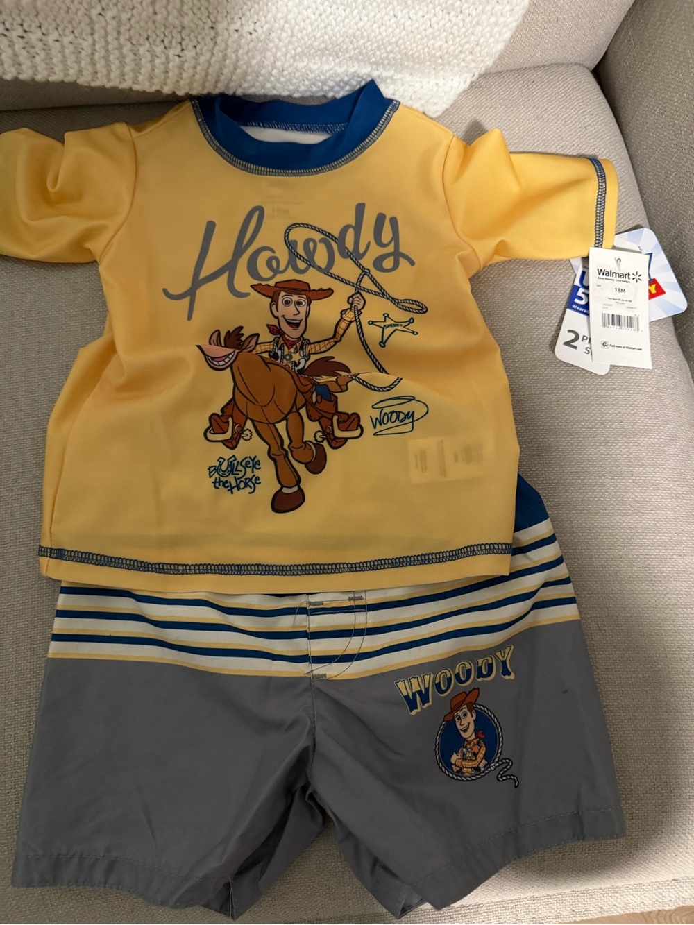 Woody Yellow and Gray Kids Swim Set - Toy Story Toddler Rash Guard & Swim Trunks